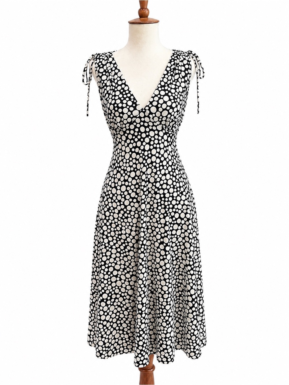 Maggie London Y2K Vintage Black & White Polka Dot V-Neck Tie-Shoulder Dress 4